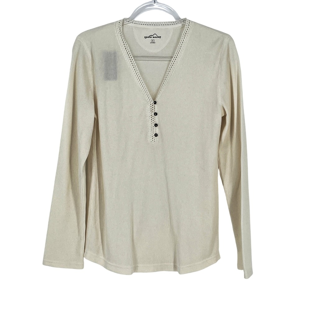 Eddie Bauer Womens M Waffle Knit Thermal Henley Shirt Ivory NWT Coastal Cowboy